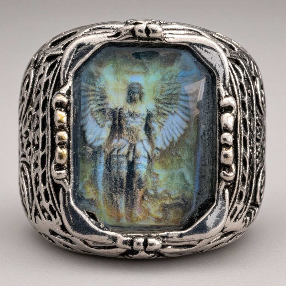 Vintage  Silver Tone Religious Ring Size 8 Glass Icon Halo Figure Enamel Sides
